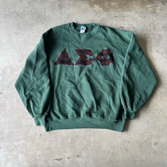 80s 90s Alpha-Gamma-Beta Fraternity Sorority Sweatshirt  XL Green Sweater Russel - Picture 1 of 2